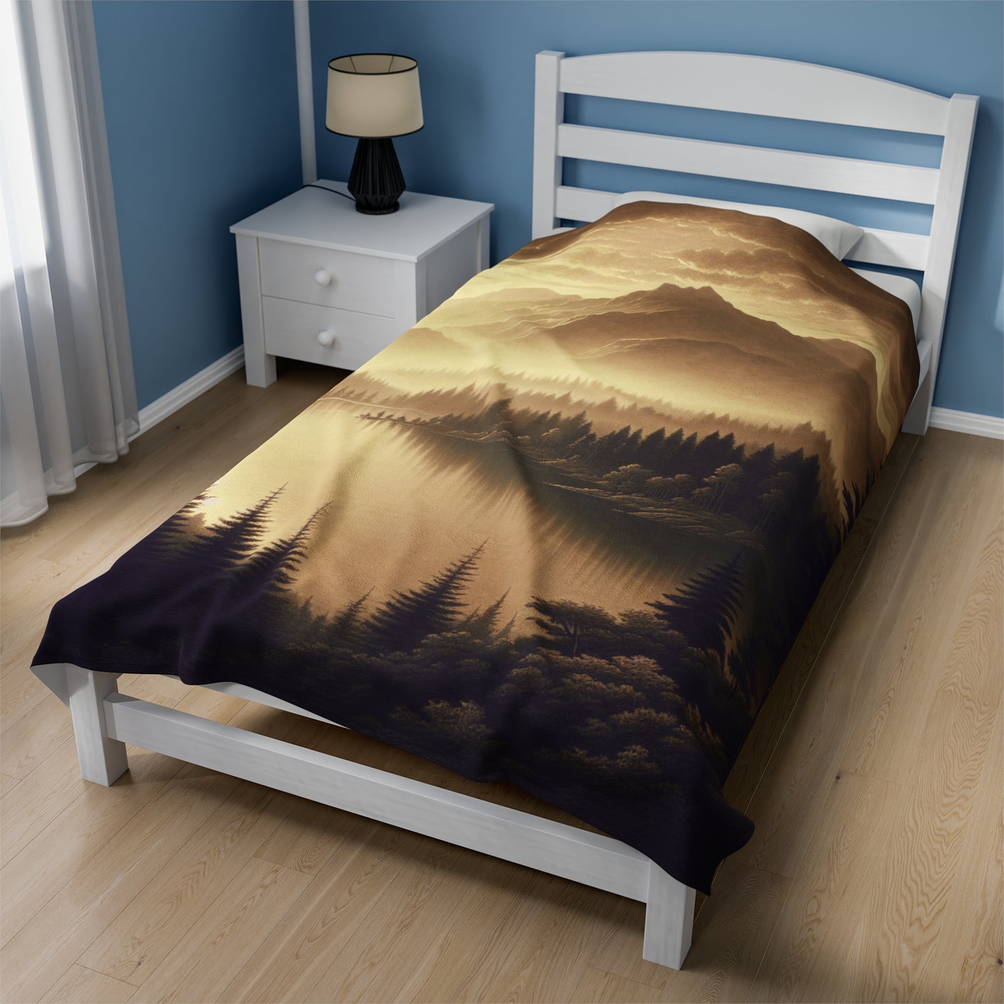 "Dawn at the Lake: A Foggy Mountain Morning" - The Alien Velveteen Plush Blanket Tonalism Style