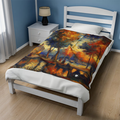 "Rainy Evening: A Post-Impressionist Cityscape" - The Alien Velveteen Plush Blanket Post-Impressionism