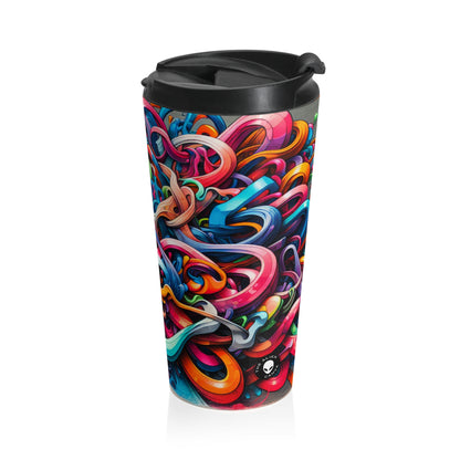 "Urban Vibe: A Graffiti Cityscape" - Taza de viaje de acero inoxidable The Alien Graffiti Art