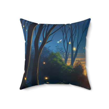 "Atardecer encantado: Luciérnagas en el bosque" - Almohada cuadrada de poliéster hilado extraterrestre