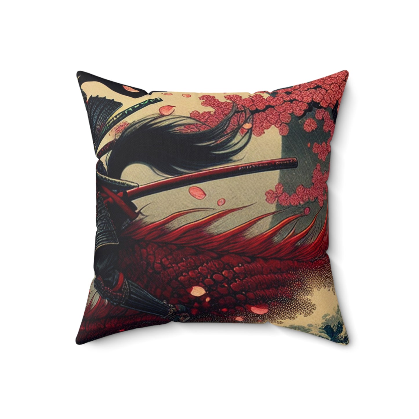 "Storming into Battle: A Samurai's Tale" - The Alien Spun Polyester Square Pillow Ukiyo-e (Japanese Woodblock Printing) Style