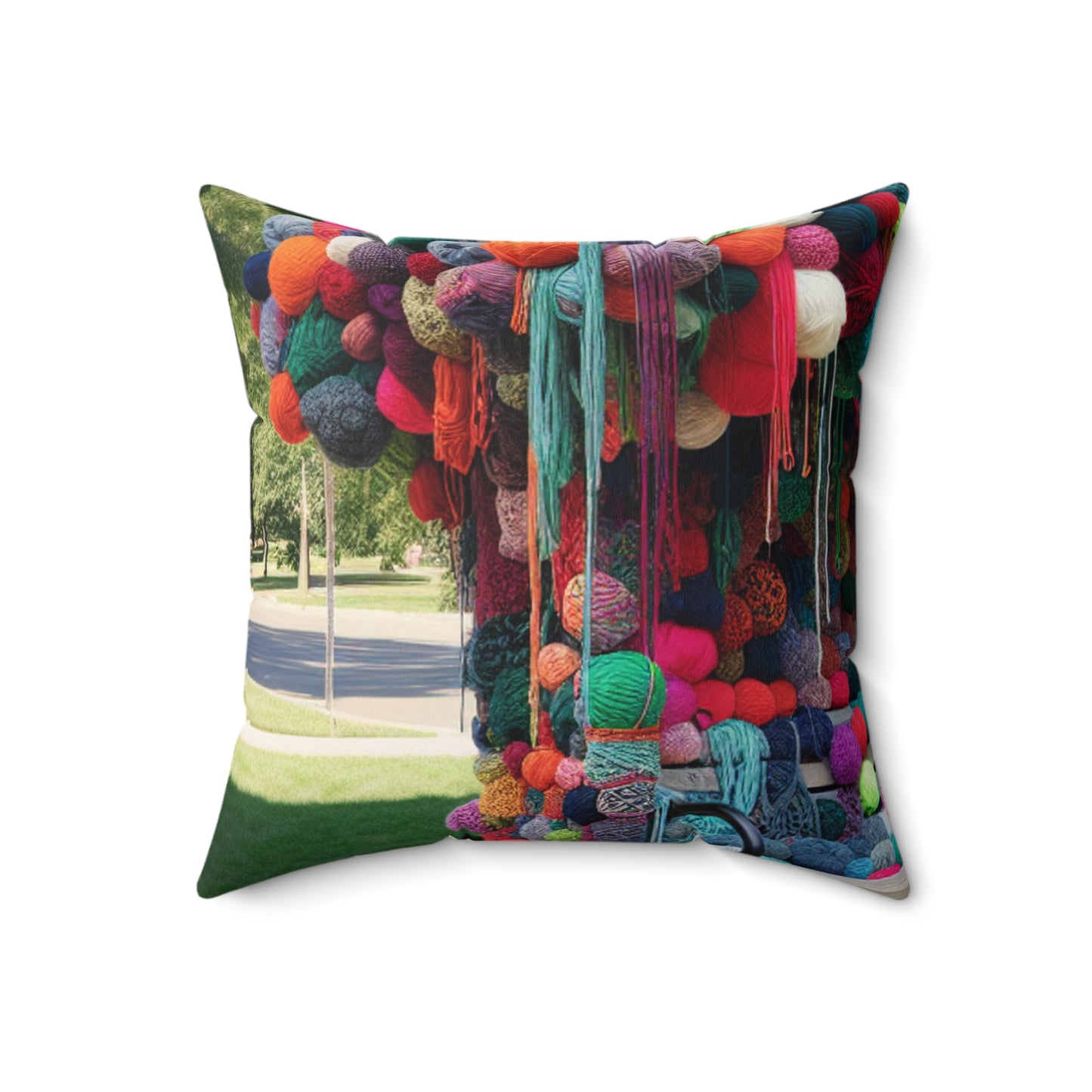 "Whimsical Wonders: Yarn-Bombing the Cityscape"- The Alien Spun Polyester Square Pillow Yarn Bombing (Fiber Art)