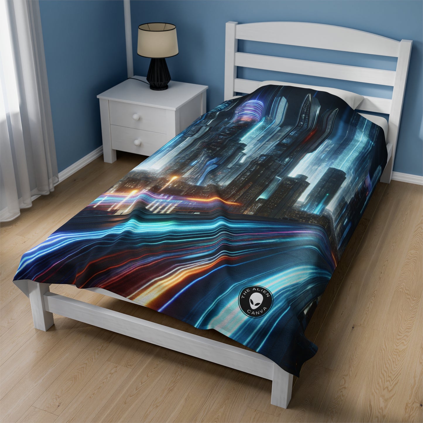 "Neon Nightscapes: A Futuristic City Adventure" - The Alien Velveteen Plush Blanket