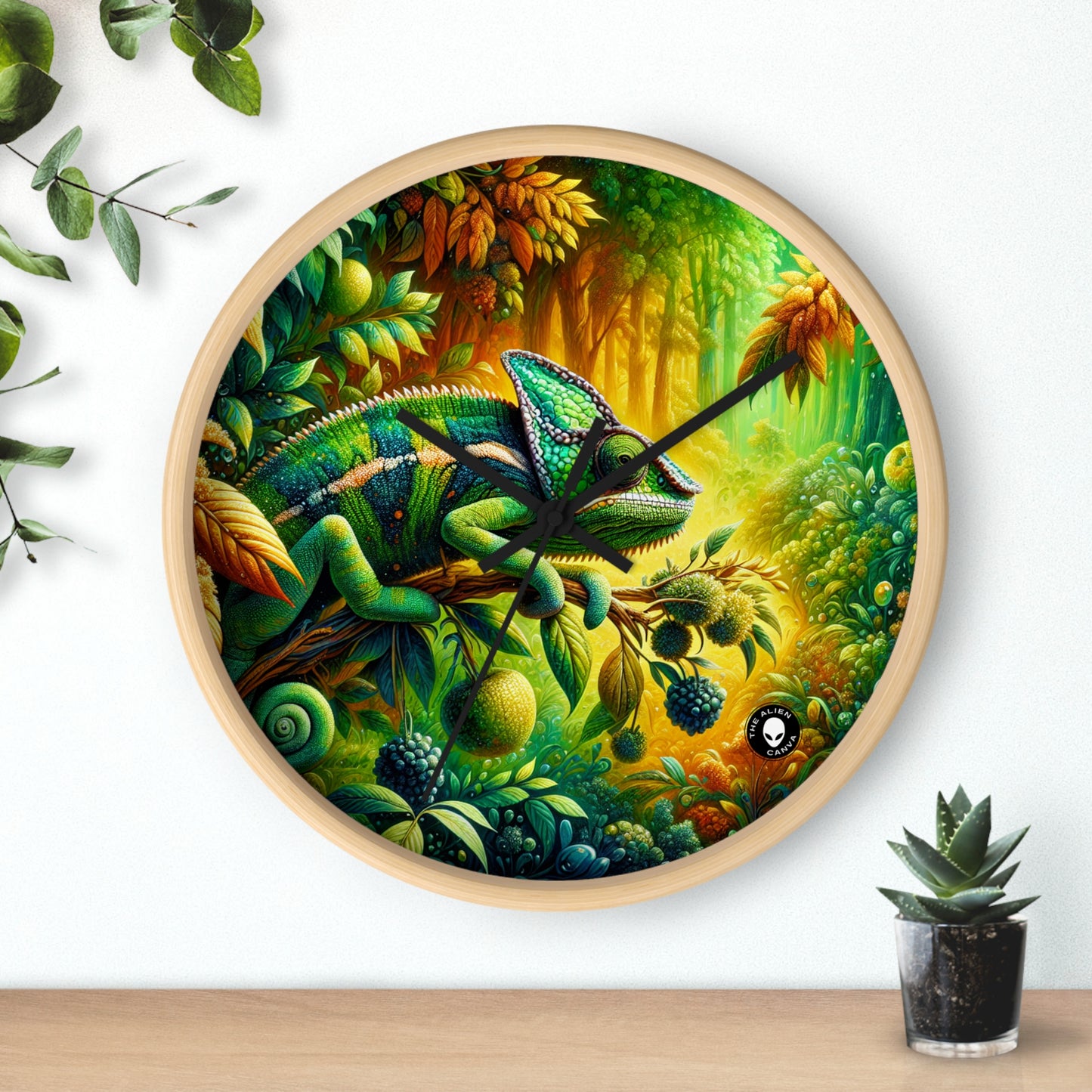 "Bosques vibrantes y el camuflaje camaleón" - El reloj de pared alienígena