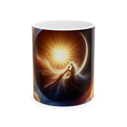 "Abrazo celestial: la fusión del sol y la luna" - Taza de cerámica alienígena de 11 oz