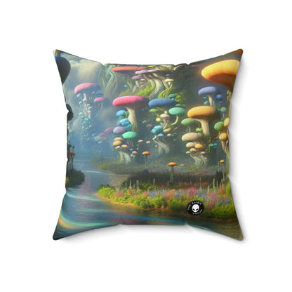 "Mystical Mushroom Wonderland": almohada cuadrada de poliéster hilado extraterrestre