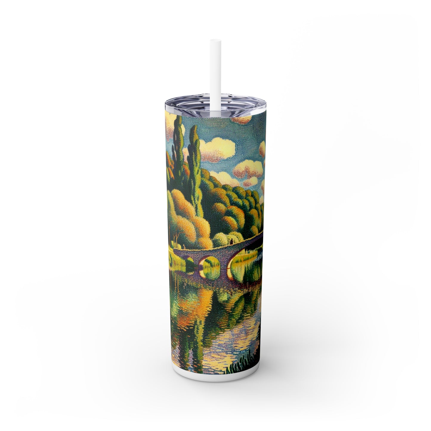 "Tranquil Sunset: A Pointillism Landscape" - The Alien Maars® Skinny Tumbler with Straw 20oz Pointillism