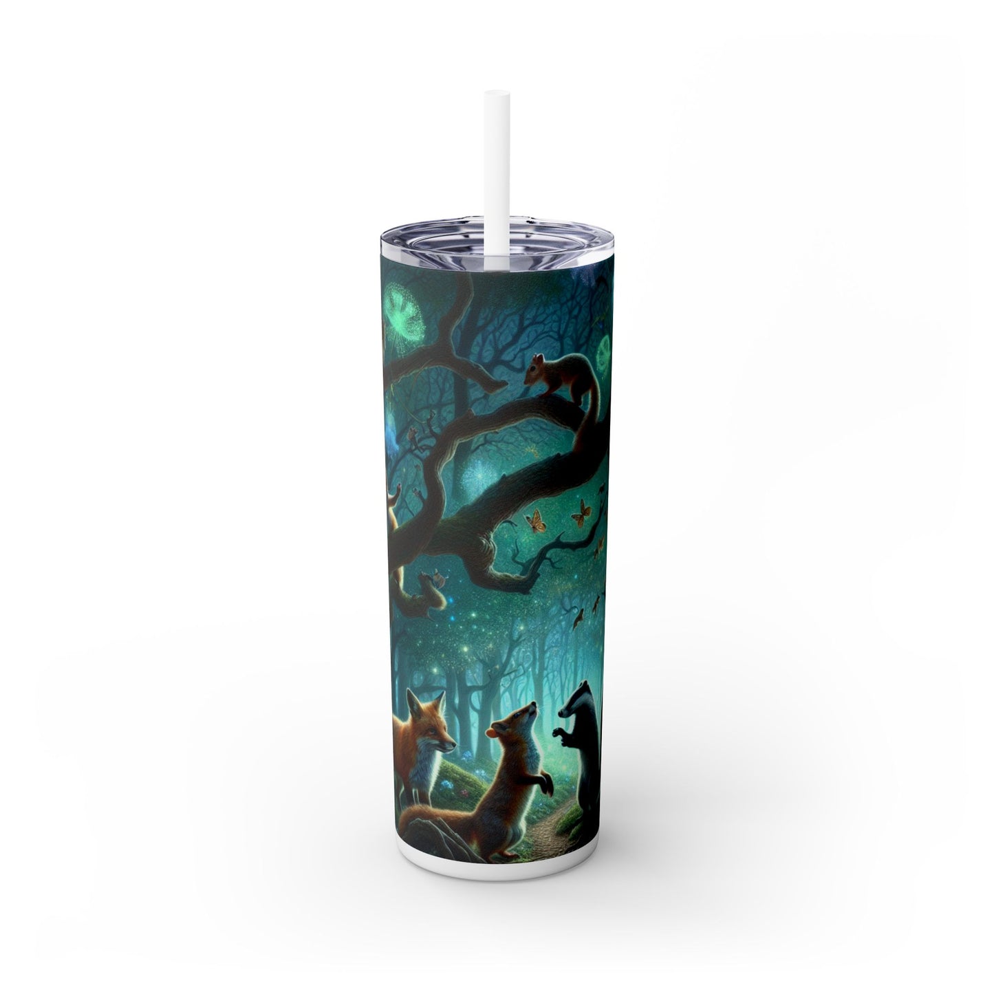 "Animales místicos: criaturas retozando en un bosque encantado" - Vaso delgado con pajita de 20 oz de The Alien Maars®