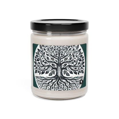 "Árbol genealógico moderno grabado en madera" - Vela de soja con aroma a extraterrestre, impresión grabada en madera de 9 oz