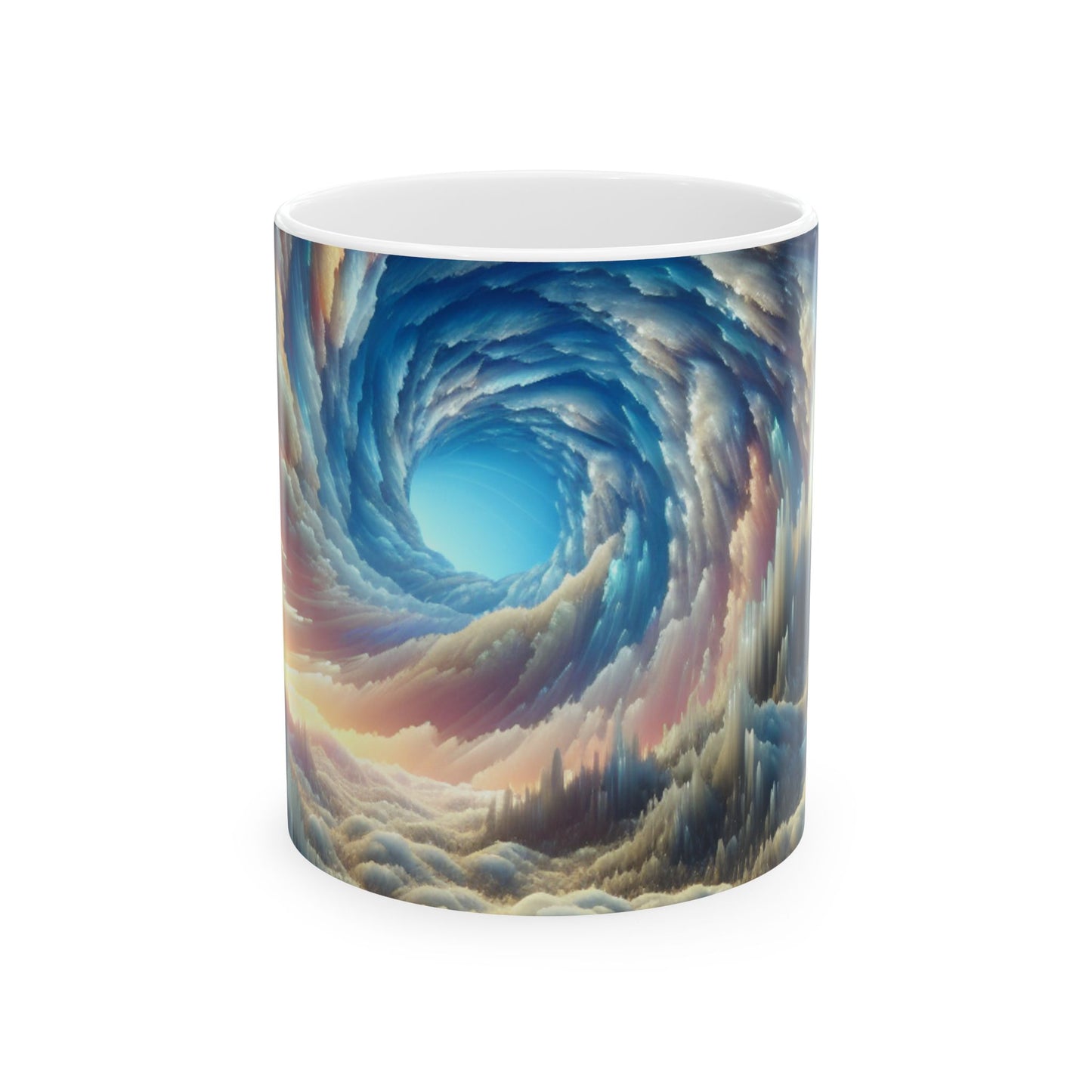 Picos de cristal y cielos coloridos: taza de cerámica extraterrestre de 11 oz