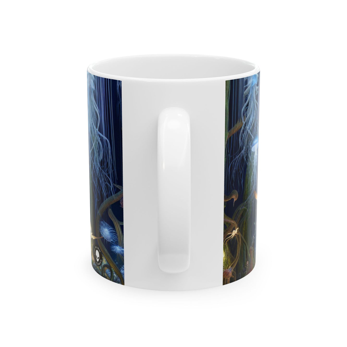 "Jellyfish Grove: Un bosque de fantasía luminiscente" - Taza de cerámica The Alien de 11 oz