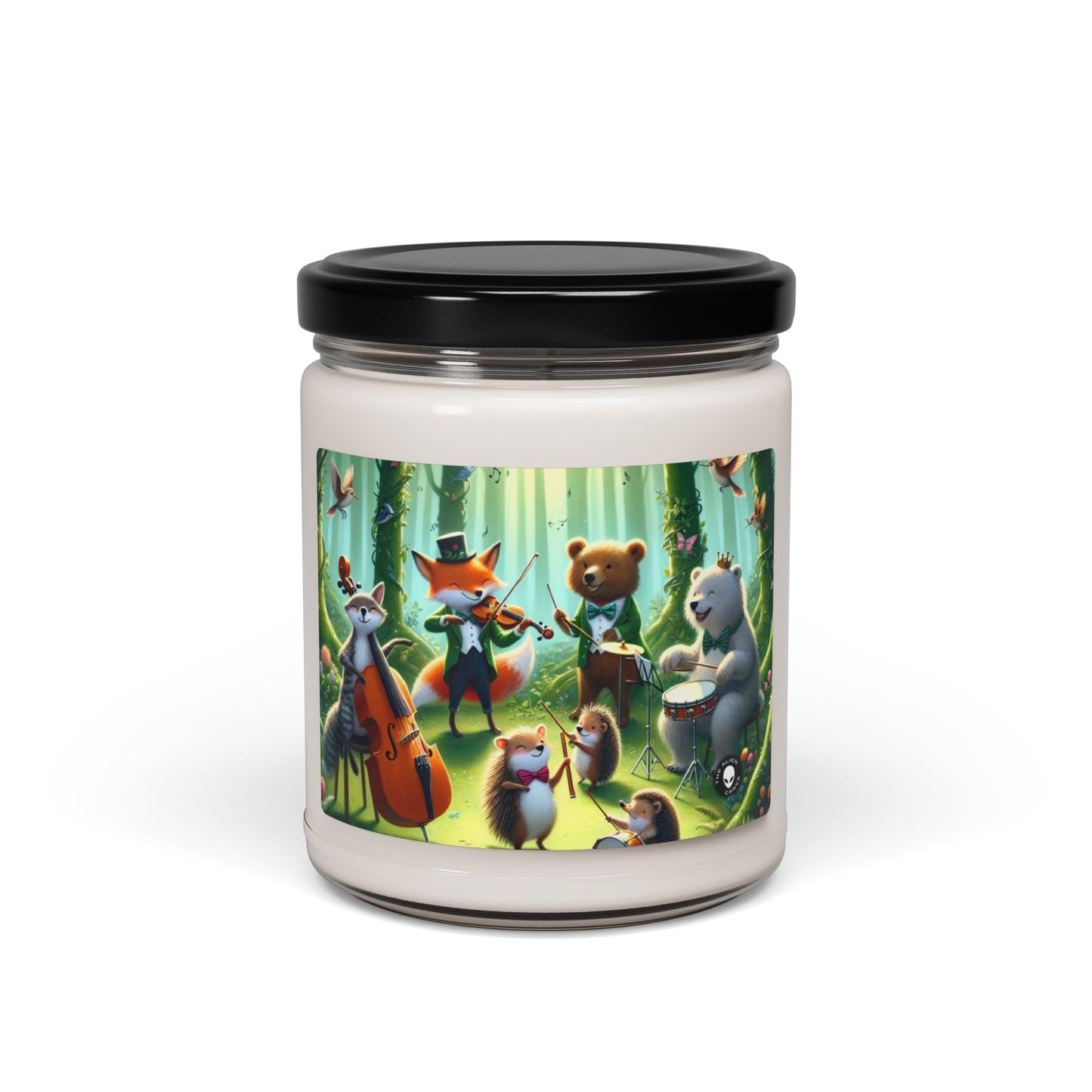 "Melodious Menagerie: Animales musicales en el bosque encantado" - Vela de soja con aroma a alienígena de 9 oz