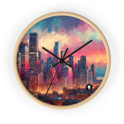 « Reflets sombres : horizon de la ville au coucher du soleil » – L'horloge murale Alien