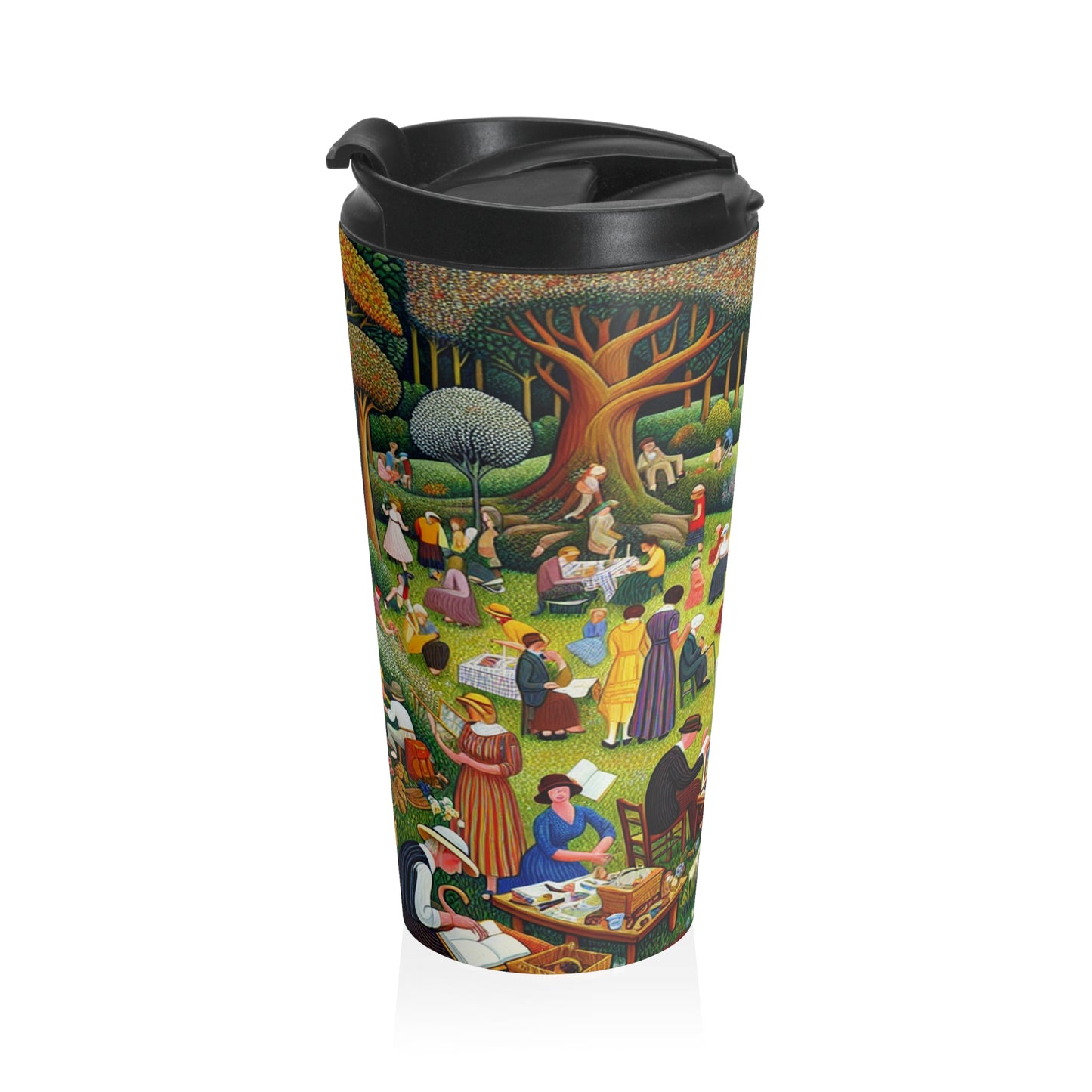 "Whimsical Village Delights" - Mug de voyage en acier inoxydable The Alien Naïve Art