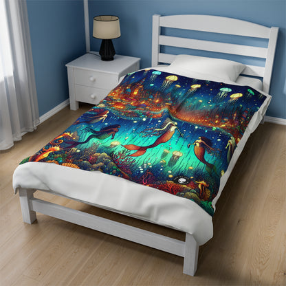 "Glowing Jellyfish City: A Whimsical Underwater World" - The Alien Velveteen Plush Blanket