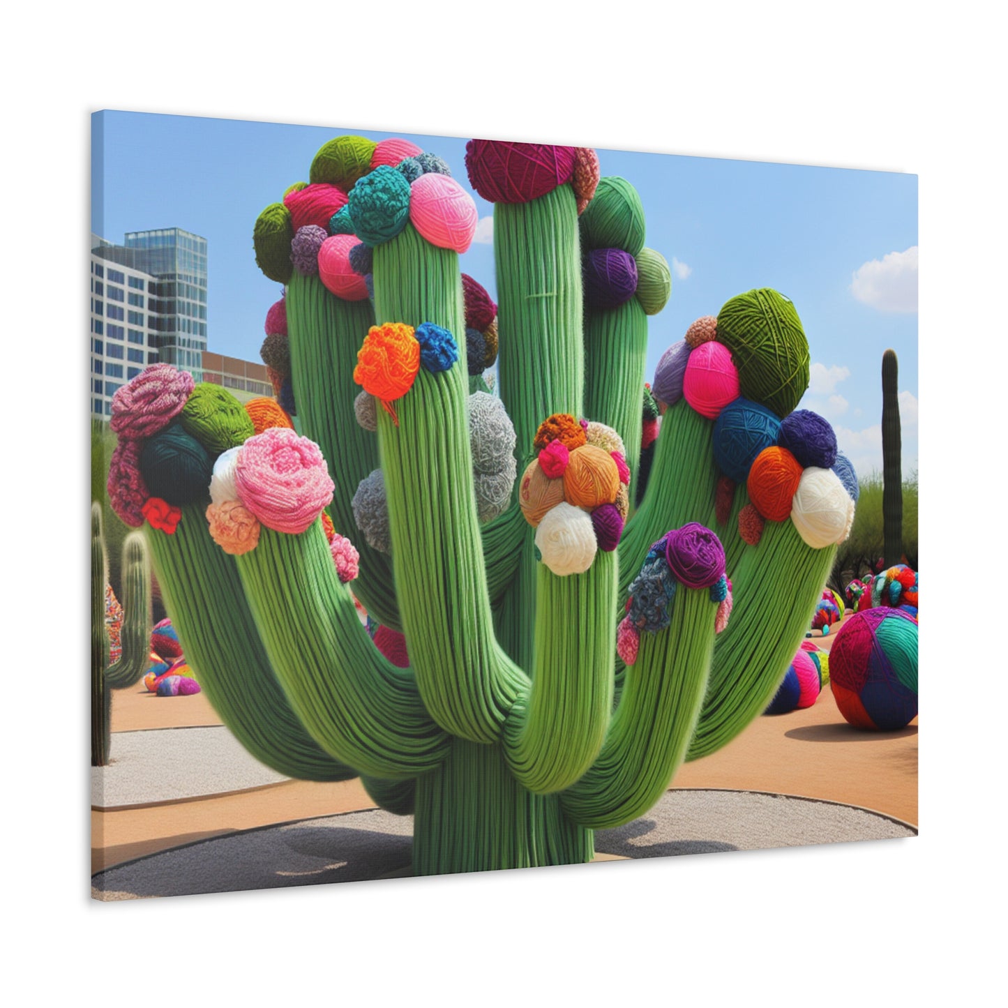 "Cactus remplis de fil dans le ciel" - Le style Alien Canva Yarn Bombing (Fiber Art)