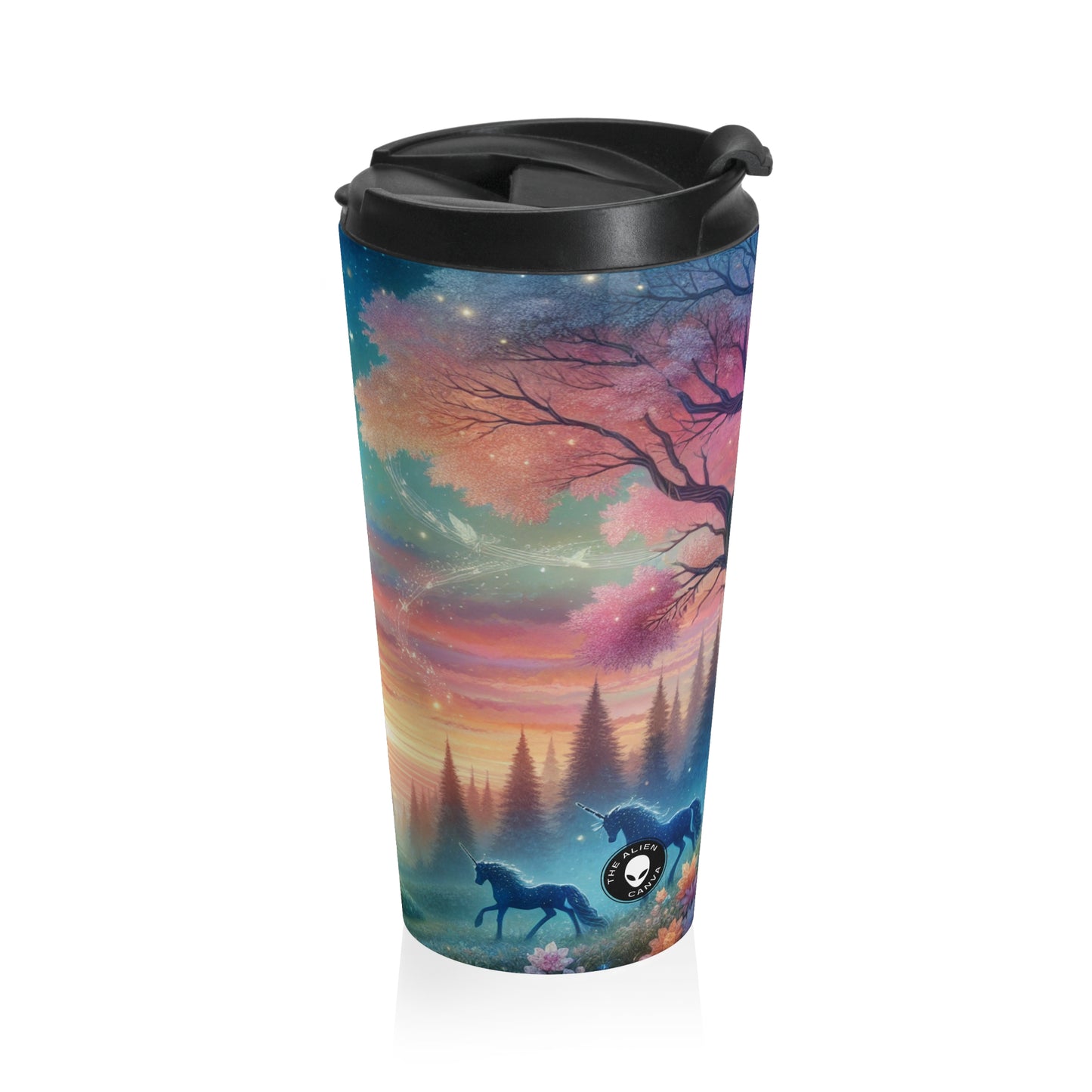 "Atardecer encantado: una pintura de un bosque mágico" - Taza de viaje de acero inoxidable The Alien