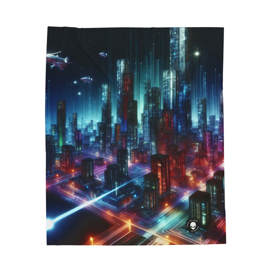 "Neon Skyline: A Futuristic Cityscape" - The Alien Velveteen Plush Blanket