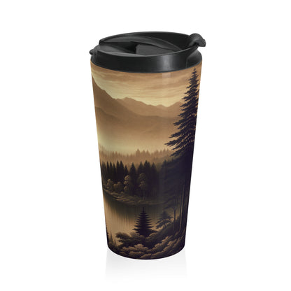 "Dawn at the Lake: A Foggy Mountain Morning" - The Alien Stainless Steel Travel Mug Tonalism Style