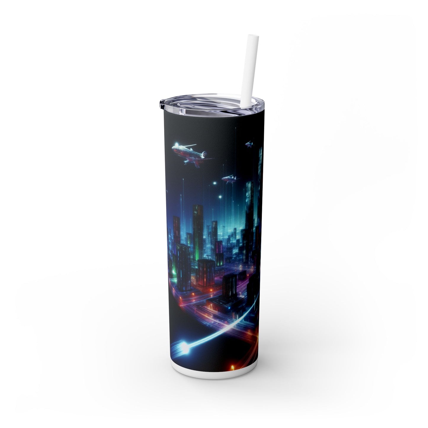 "Neon Skyline: A Futuristic Cityscape" - The Alien Maars® Skinny Tumbler with Straw 20oz