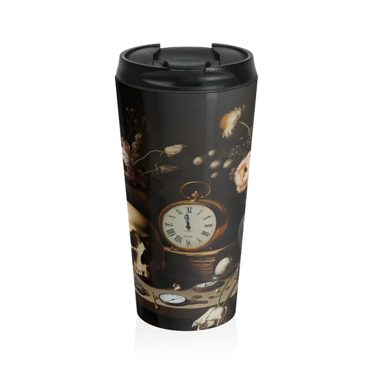 "Digital Decay: A Contemporary Vanitas Examining Consumerism in the 21st Century" - The Alien Stainless Steel Travel Mug Vanitas Painting