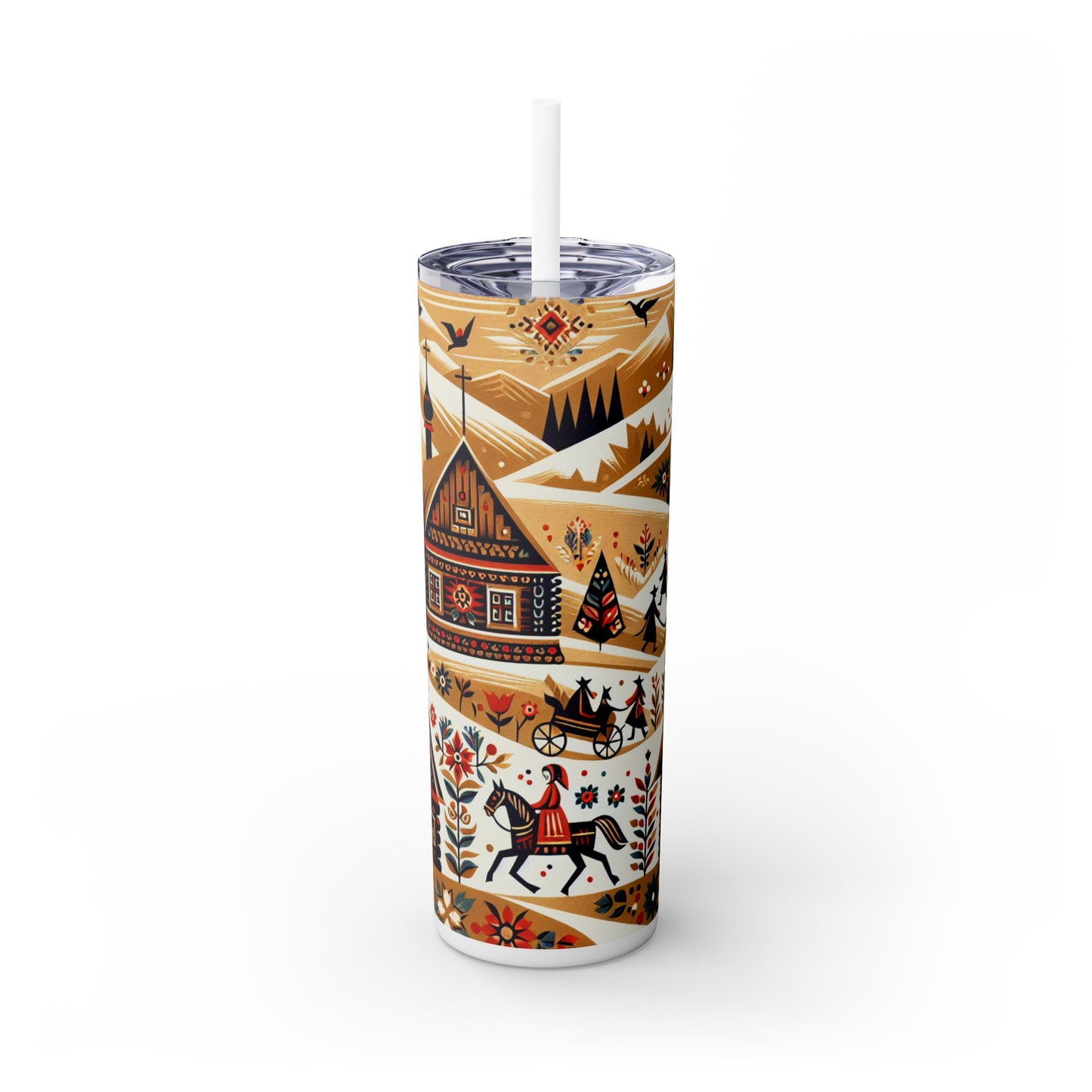 "Ukrainian Village Symphony: A Colorful Folk Art Reflection" - The Alien Maars® Skinny Tumbler with Straw 20oz Folk Art