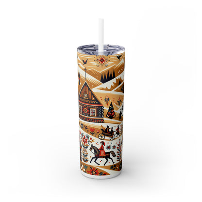 "Ukrainian Village Symphony: A Colorful Folk Art Reflection" - The Alien Maars® Skinny Tumbler with Straw 20oz Folk Art