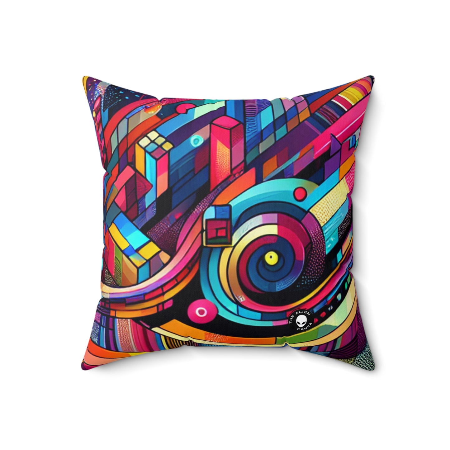 « Neon Metropolis : Un paysage urbain futuriste » - L’Alien Spun Polyester Square Pillow Digital Art