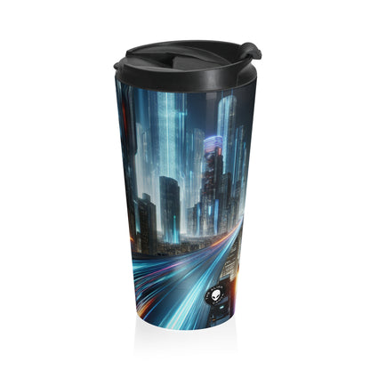 "Paisajes nocturnos de neón: una aventura urbana futurista" - Taza de viaje de acero inoxidable The Alien