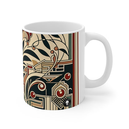 "Golden Glamour: Un dinámico paisaje urbano Art Déco al atardecer" - Taza de cerámica The Alien 11oz Art Deco