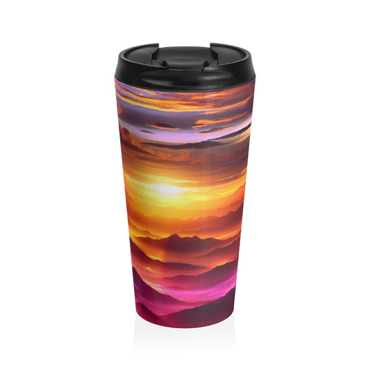 "Dawning Peaks: A Mountain Sunrise" - The Alien Stainless Steel Travel Mug