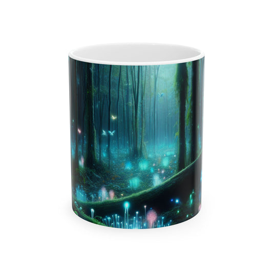 "Noche encantada: Bosque bioluminiscente" - Taza de cerámica alienígena de 11 oz