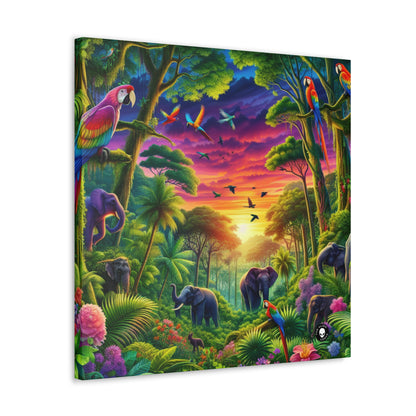 « Coucher de soleil dans la nature : une aventure dans la jungle arc-en-ciel » - The Alien Canva