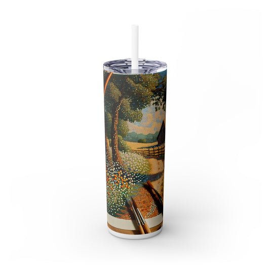 "Autumn Bliss: Pointillism Forest" - The Alien Maars® Skinny Tumbler with Straw 20oz Pointillism