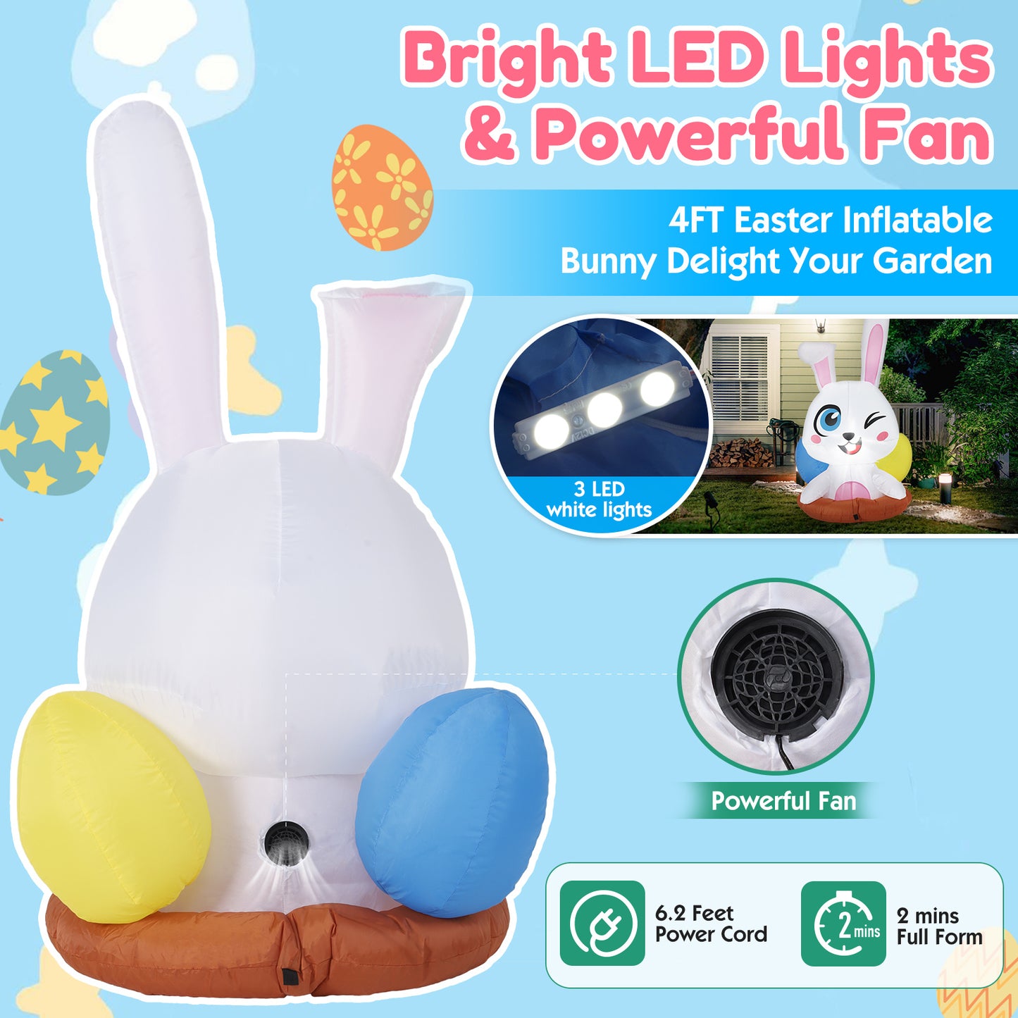 Conejo inflable de Pascua de dibujos animados LED luminoso 