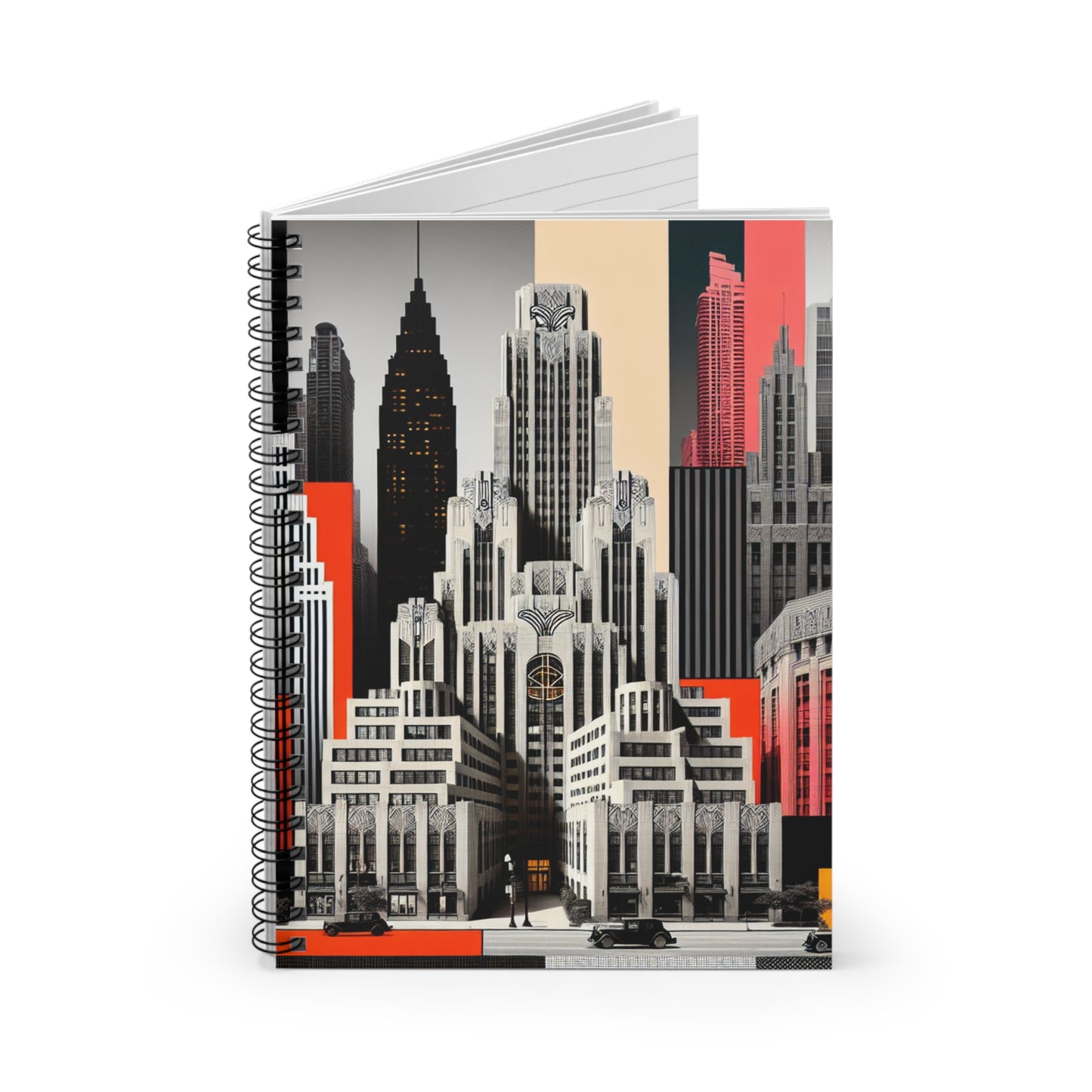 "A Contrast of Times: Classic Art Deco Skyscrapers and a Modern Cityscape" - The Alien Spiral Notebook (Ruled Line) Art Deco Style