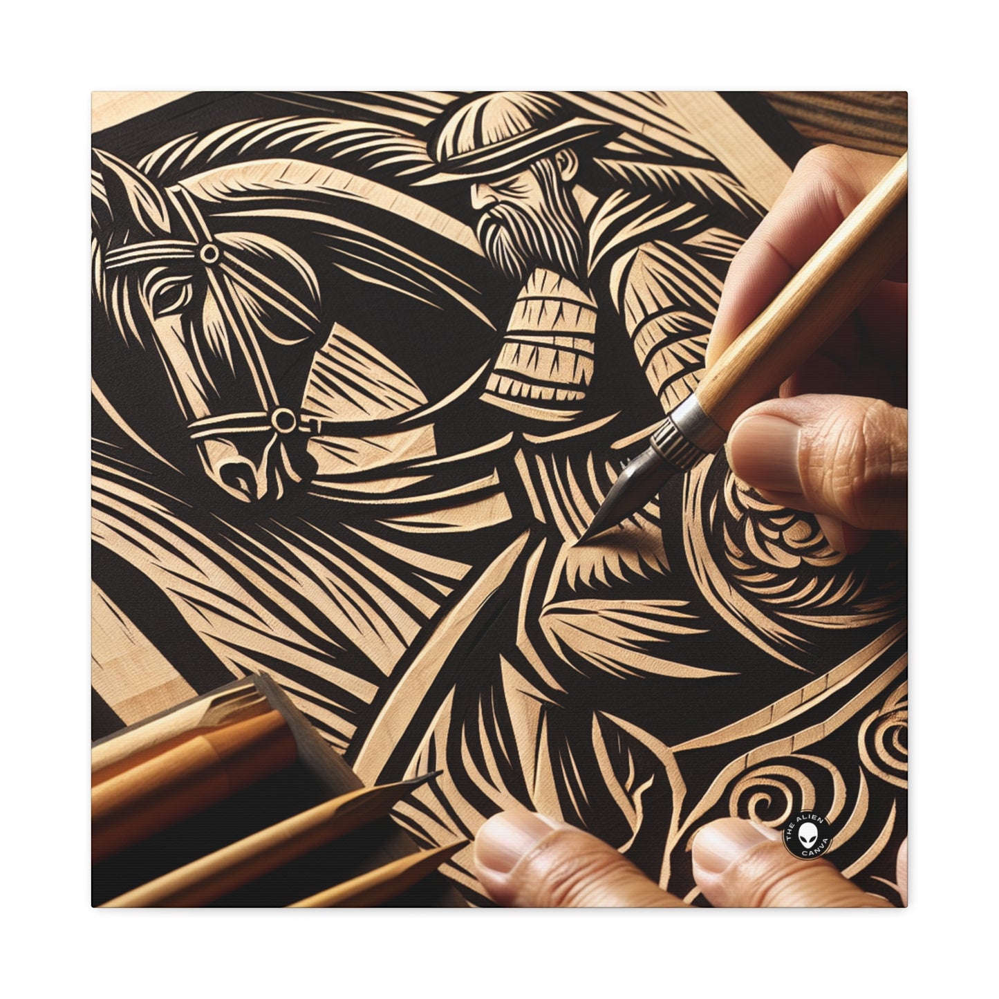 « Ombres enchanteresses : une gravure sur bois des aurores boréales dansantes » - The Alien Canva Woodcut Printing