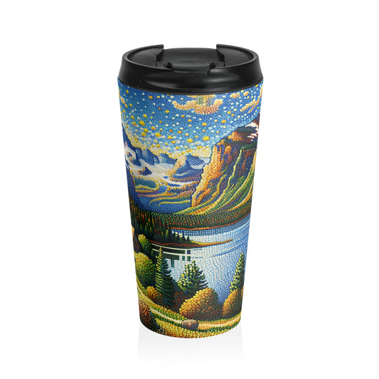 "Tranquil Sunset: A Pointillist Masterpiece of Serene Countryside" - The Alien Stainless Steel Travel Mug Pointillism