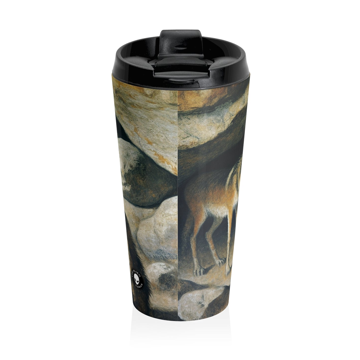 "Hunter and Wolf: In Pursuit of Prey." - The Alien Stainless Steel Travel Mug Cave Painting