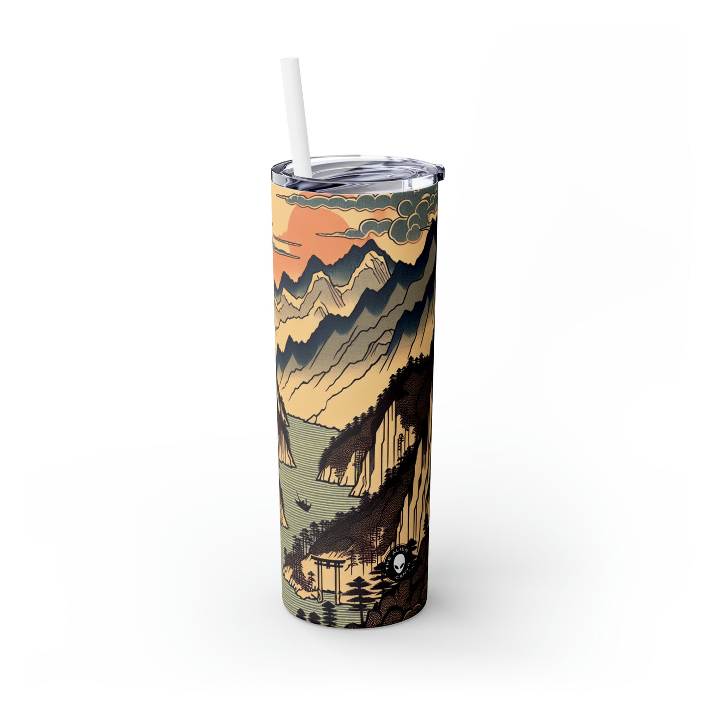 "Serenidad de los cerezos en flor: un cautivador tributo del Ukiyo-e a la ceremonia del té japonesa" - Vaso delgado con pajita Alien Maars® Ukiyo-e de 20 oz (impresión en madera japonesa)