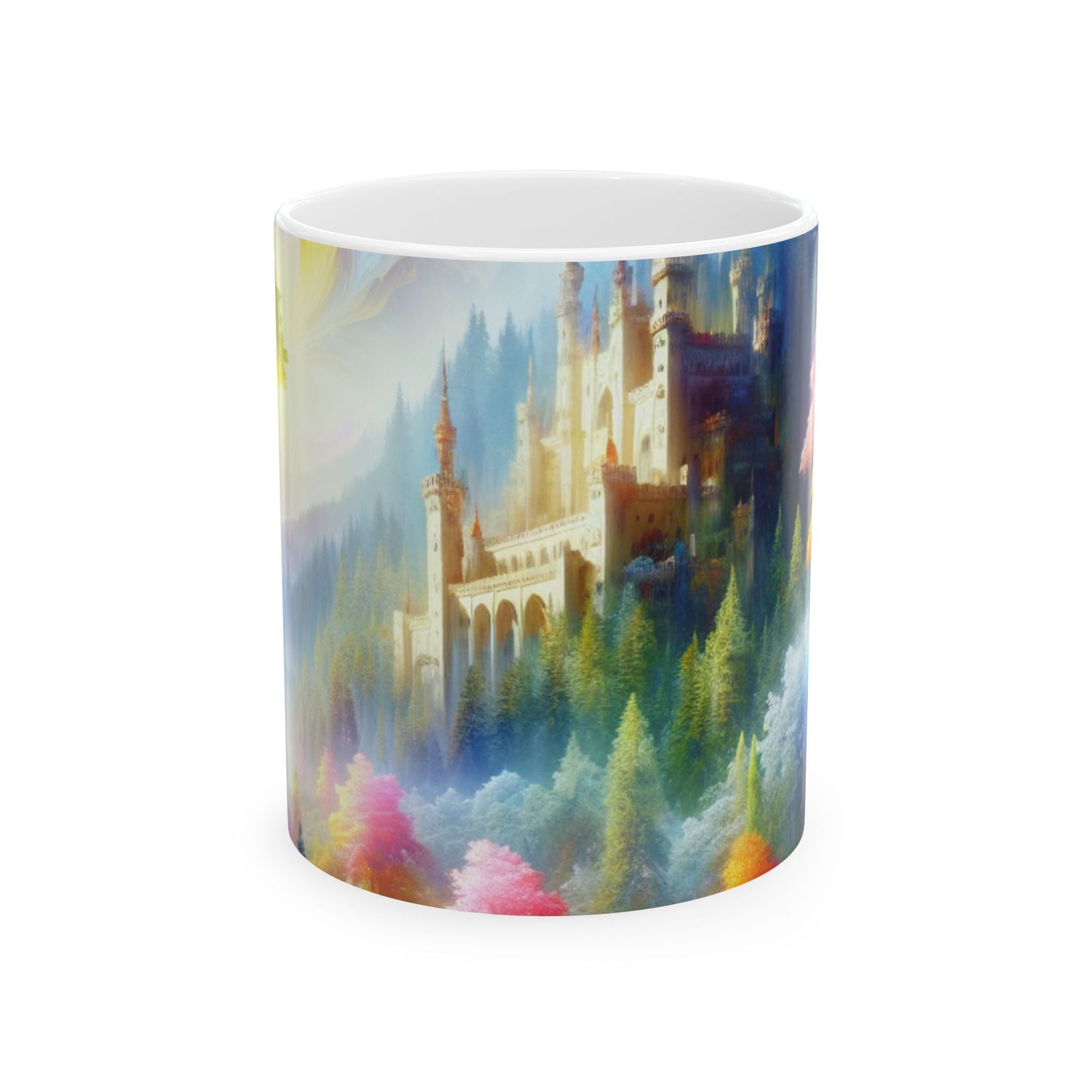 "Encantamiento resplandeciente: El castillo en el bosque colorido" - Taza de cerámica alienígena de 11 oz