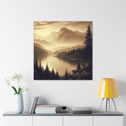 "Dawn at the Lake: A Foggy Mountain Morning" - The Alien Canva Tonalism Style