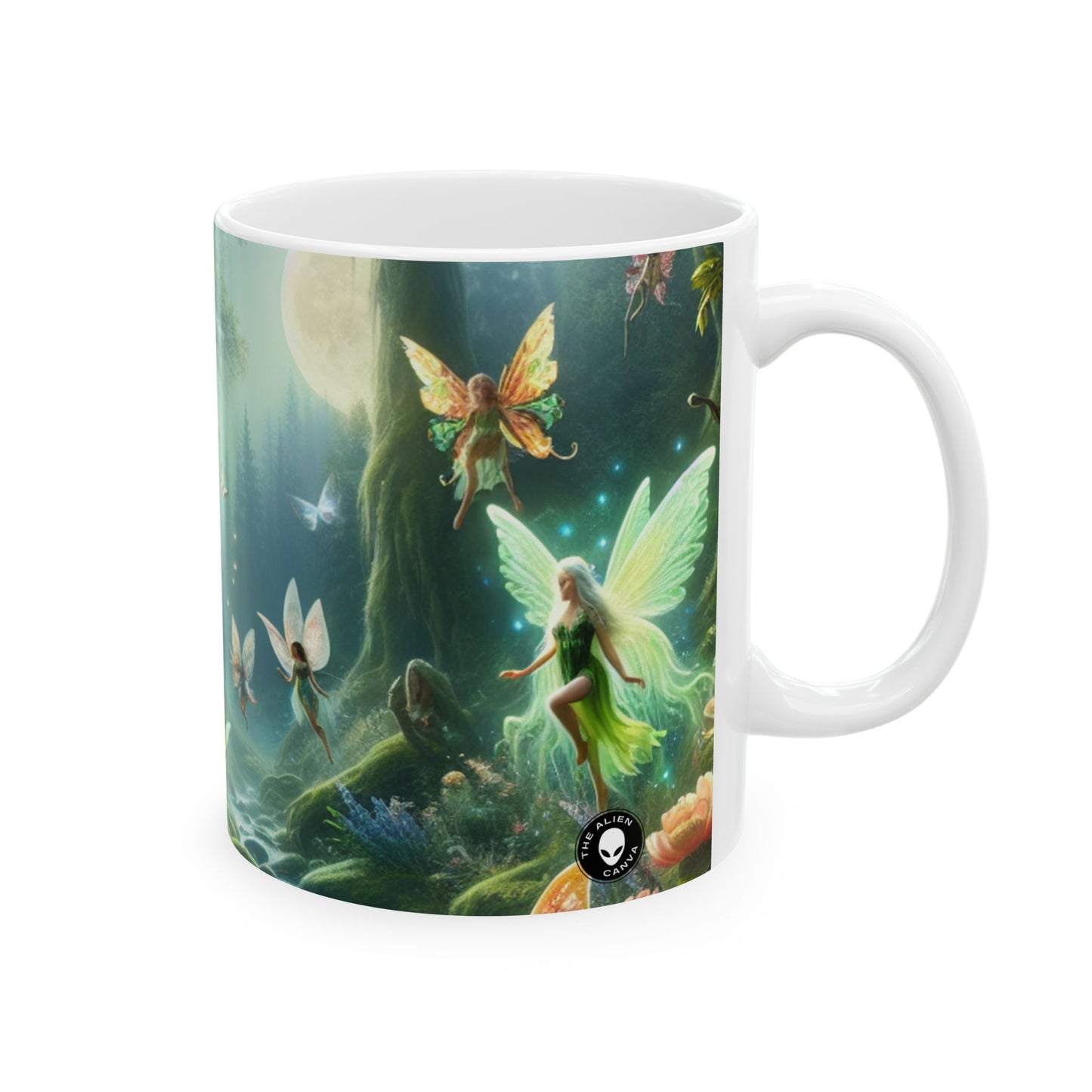 "Bosque encantado iluminado por la luna" - Taza de cerámica alienígena de 11 oz