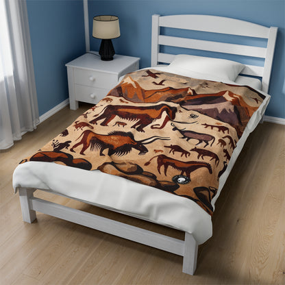 Title: "Ancient Encounter: The Battle of Giants" - The Alien Velveteen Plush Blanket Cave Painting