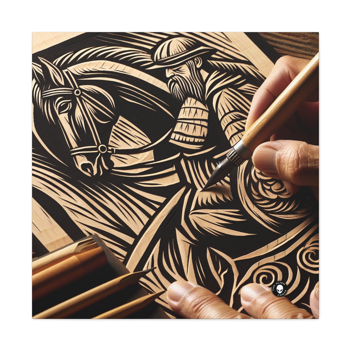 « Ombres enchanteresses : une gravure sur bois des aurores boréales dansantes » - The Alien Canva Woodcut Printing