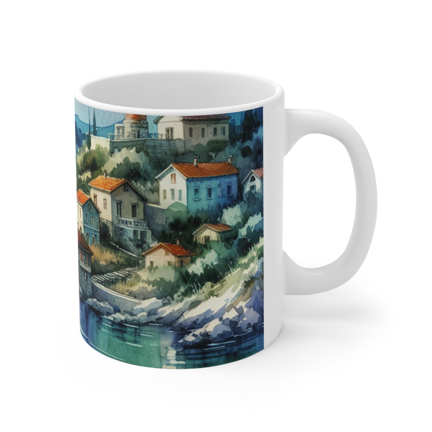 "Glimpse of a Seaside Haven" - Taza de cerámica alienígena de 11 oz estilo pintura de acuarela