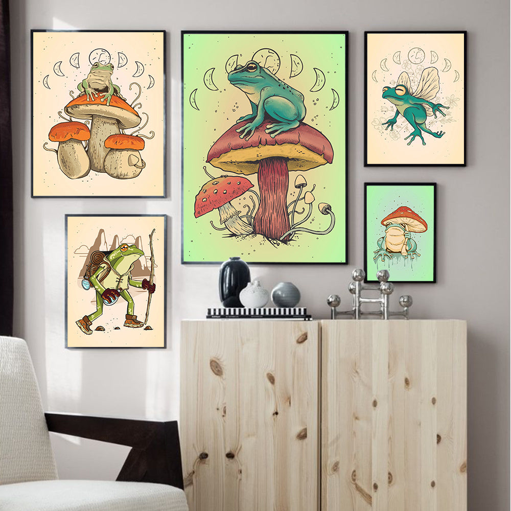 Póster de pared con pintura en lienzo de setas y ranas para decoración del hogar