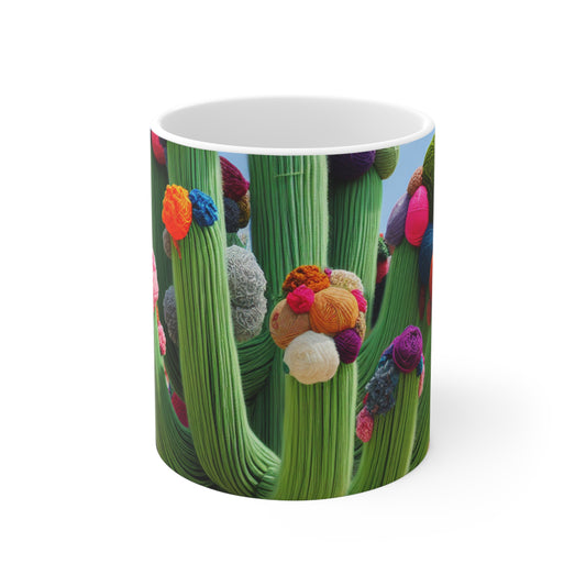 "Yarn-Filled Cacti in the Sky" - The Alien Ceramic Mug 11oz Yarn Bombing (Fiber Art) Style