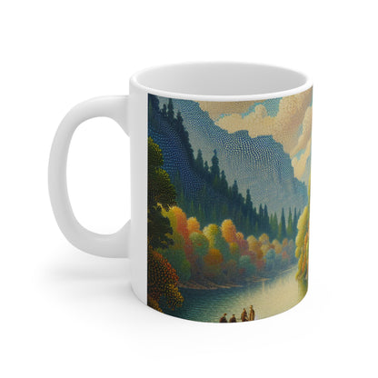 "Serenity in Dots: A Pointillism Sunset at the Beach" - The Alien Ceramic Mug 11oz Pointillism