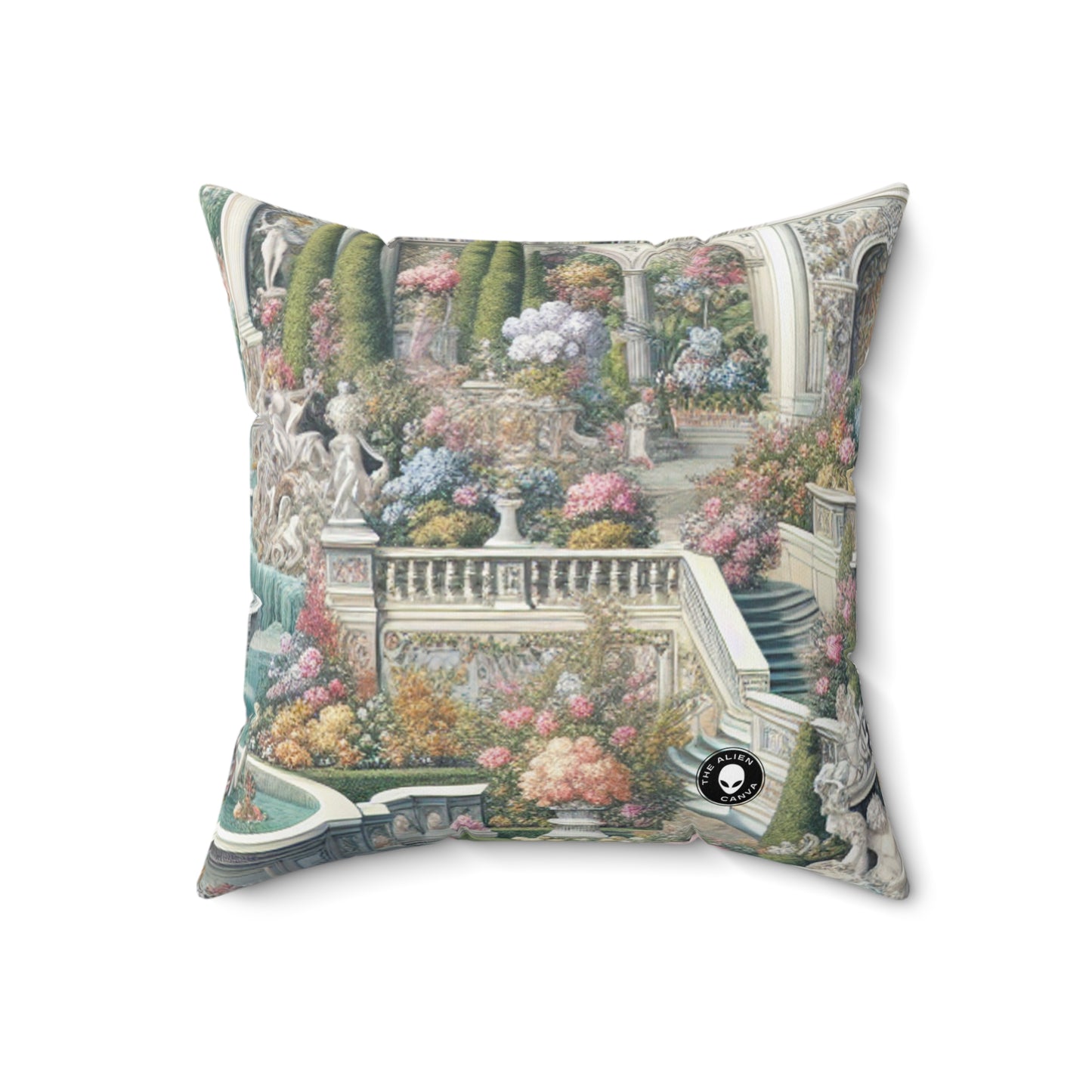 "Garden Elegance: A Rococo Affair" - La almohada cuadrada de poliéster hilado alienígena rococó